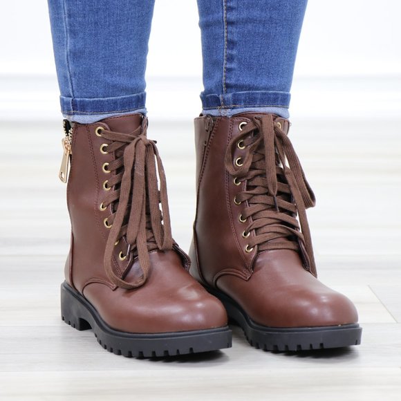 Shoes - Faux leather brown laced up combat boots